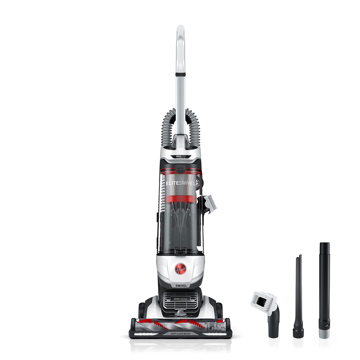 Hoover MAXLife Elite Swivel bagless upright vacuum with HEPA Media filter, shown with dusting brush, crevice tool and extension wand