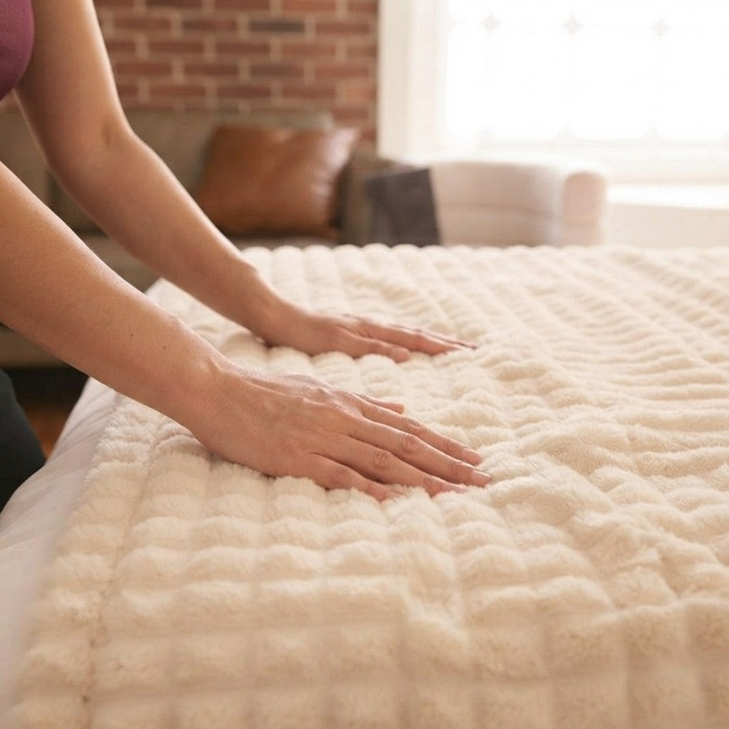 Hand pressing into the cloud-soft bubble texture of the CloudHug blanket